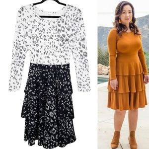 LULAROE Georgia Leopard Animal Print Long Sleeve White & Black Tiered Dress XS